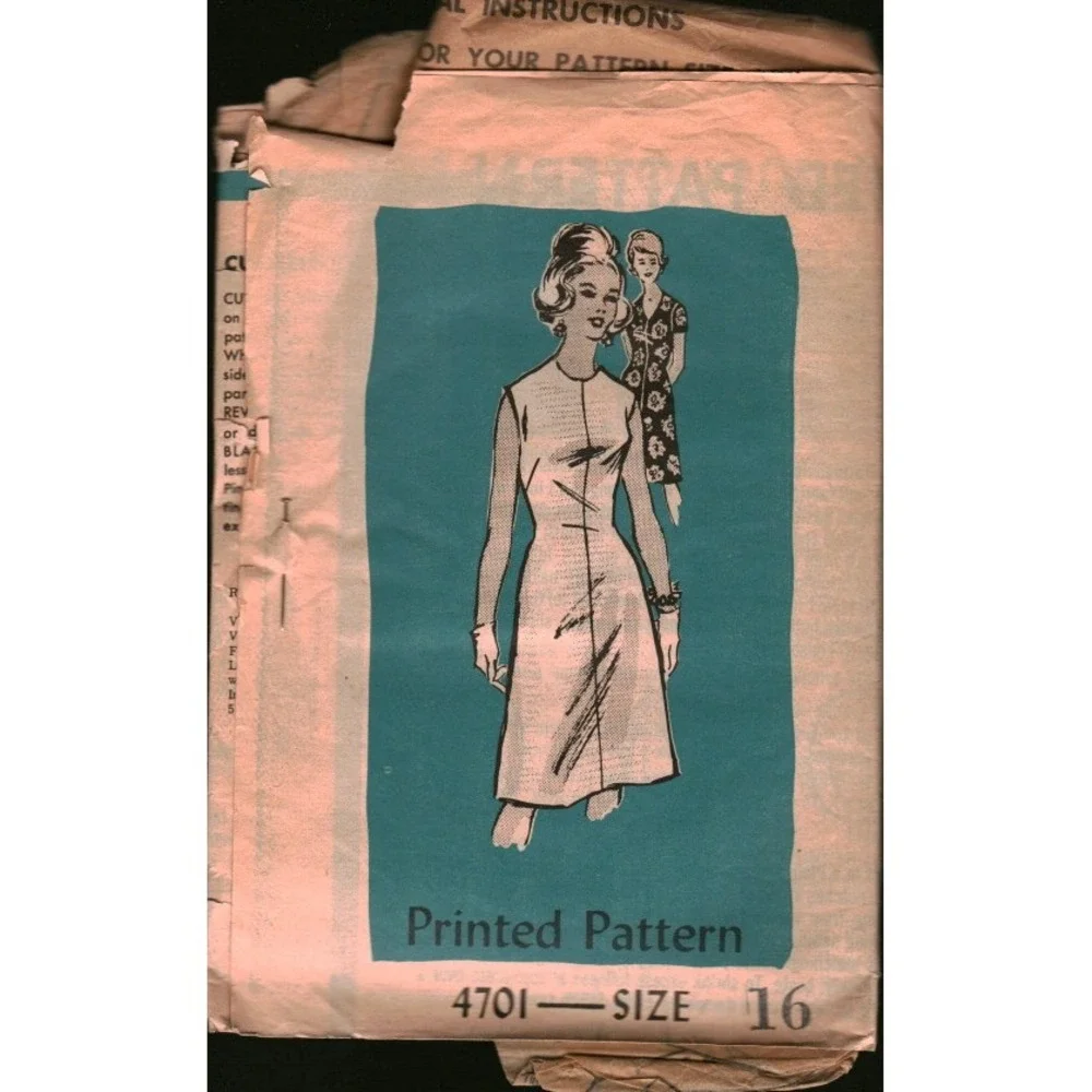 Vintage‎ 1960s A-Line Dress Sewing Pattern 4701 Size 16 Sleeveless 3/4 Sleeve